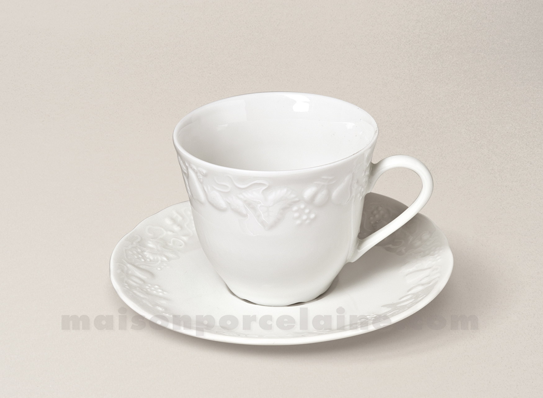 TASSE CAFE CALIFORNIA + SOUCOUPE LIMOGES PORCELAINE BLANCHE LIMOGES 13CL -  Maison de la Porcelaine