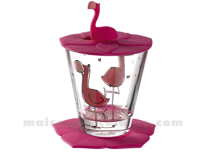 BAMBINI - VERRE + DESOUS ET COUVERCLE SILICONE - FLAMANT