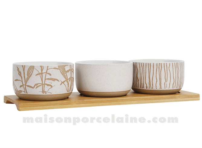 BOHEME - SET 3 COUPELLES GRES + PLATEAU BOIS