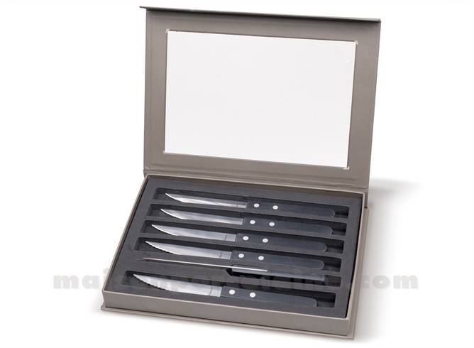 COUTEAU STEAK  MANCHE NOIR RIVETS (2MM INOX 18/0) BOIS NOIR - COFFRET MAGNET GRIS 6PC