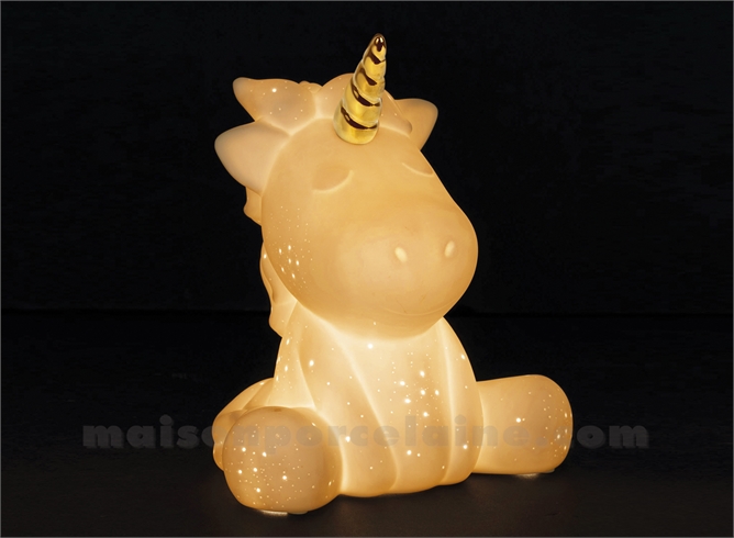 LAMPE BISCUIT PORCELAINE - LED LICORNE BLANC+DORE 20.5X15XH23.5CM