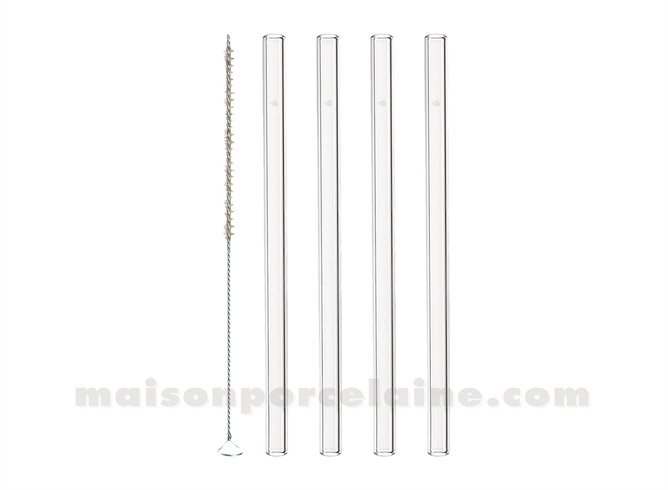 PAILLE VERRE DROITE TRANSPARENTE - 15CM - BROSSE - BOITE/4PCS