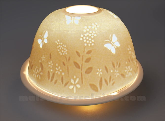 PHOTOPHORE LITHOPHANIE BISCUIT DE PORCELAINE AJOUREE PAPILLONS
