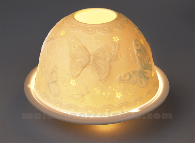 PHOTOPHORE LITHOPHANIE BISCUIT DE PORCELAINE AJOUREE PAPILLONS