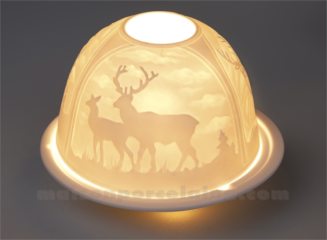 PHOTOPHORE LITHOPHANIE BISCUIT DE PORCELAINE CERFS EN FORET