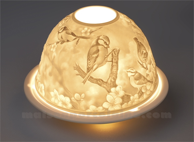 PHOTOPHORE LITHOPHANIE BISCUIT DE PORCELAINE OISEAUX