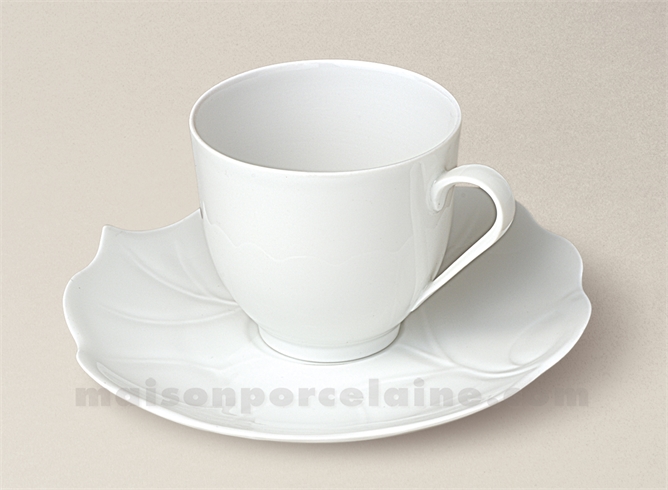 TASSE CAFE BOULE+SOUCOUPE PORCELAINE BLANCHE LIMOGES FEUILLE BRYONE 10CL