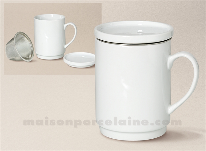 TASSE TISANE PORCELAINE BLANCHE EMPILABLE+FILTRE METAL 30CL