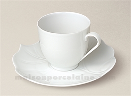 TASSE CAFE BOULE+SOUCOUPE PORCELAINE BLANCHE LIMOGES FEUILLE BRYONE 10CL